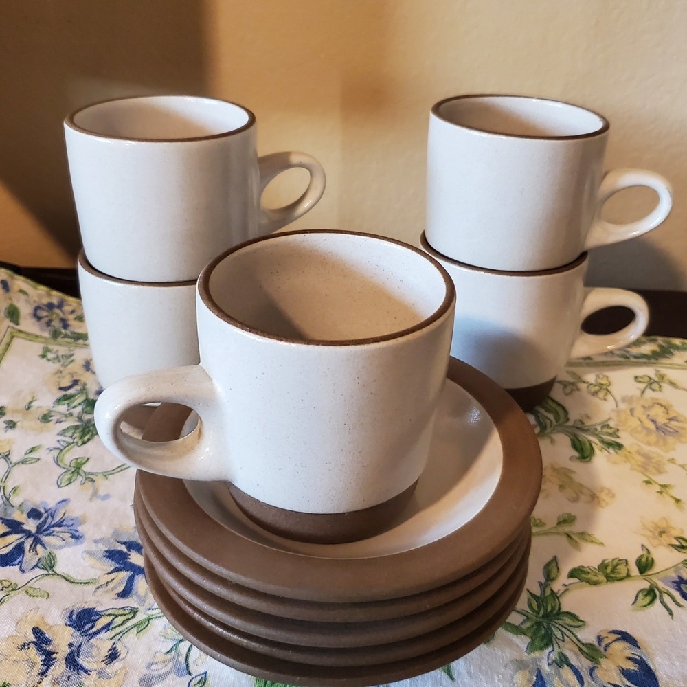 Heath Ceramics Brown White Stoneware Cup and Saucer Set of 5 stackable USA made